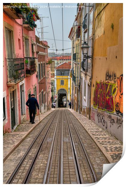 Ascensor da Bica, Barrio Alto, Lisbon, Portugal  Print by Navin Mistry