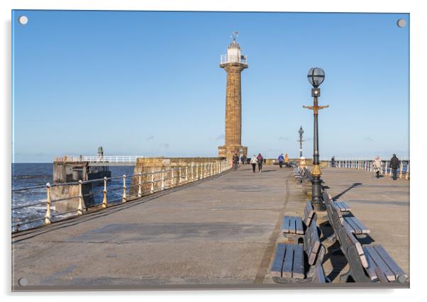 West Pier harbour lighthouse from the west pier, Whitby, Yorkshire, England Acrylic by Dave Collins