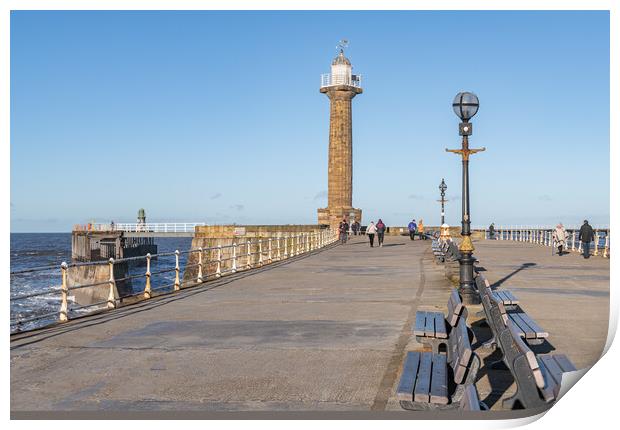 West Pier harbour lighthouse from the west pier, Whitby, Yorkshire, England Print by Dave Collins