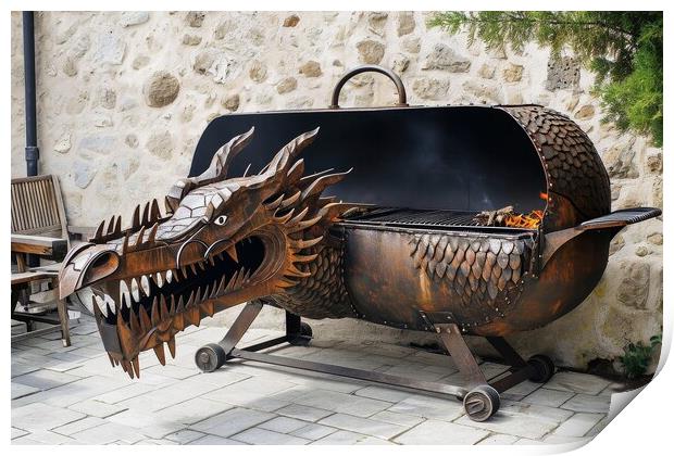 A barbecue grill in form of a dragon. Print by Michael Piepgras