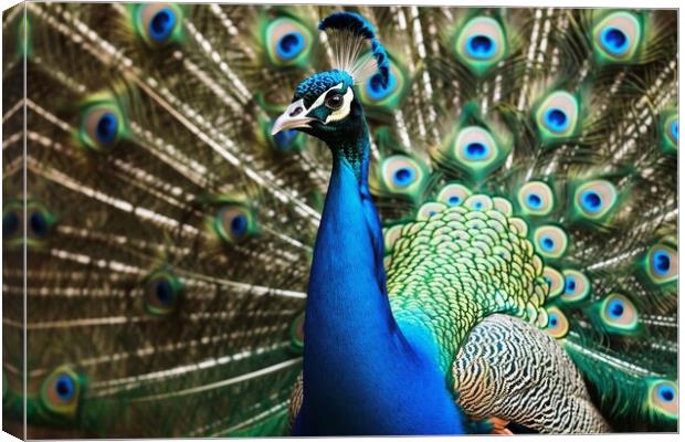 A beautiful peacock shows off its magnificent feathers. Canvas Print by Michael Piepgras