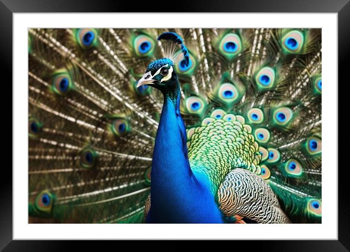 A beautiful peacock shows off its magnificent feathers. Framed Mounted Print by Michael Piepgras