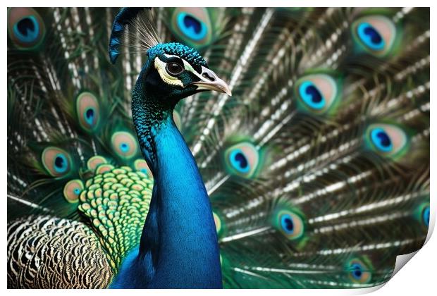 A beautiful peacock shows off its magnificent feathers. Print by Michael Piepgras