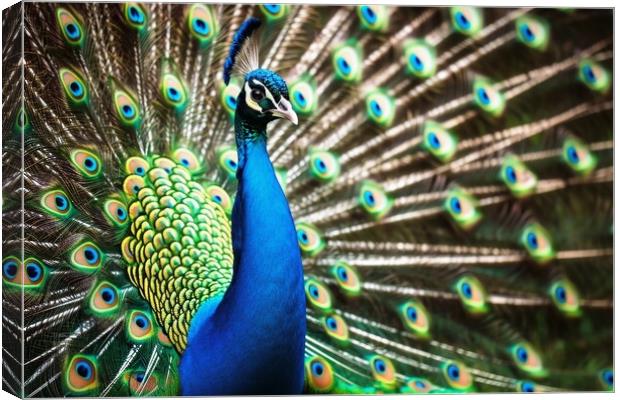 A beautiful peacock shows off its magnificent feathers. Canvas Print by Michael Piepgras