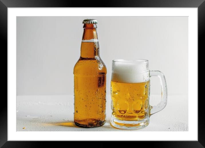 A bottle of beer and a filled glass on a white background. Framed Mounted Print by Michael Piepgras