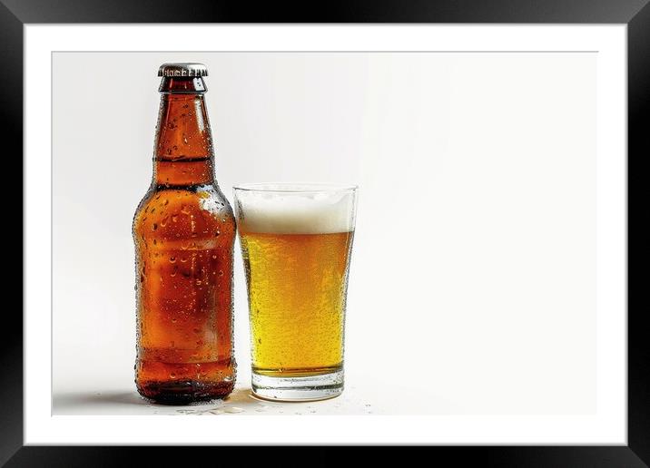 A bottle of beer and a filled glass on a white background. Framed Mounted Print by Michael Piepgras