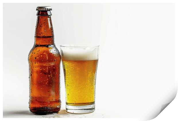 A bottle of beer and a filled glass on a white background. Print by Michael Piepgras