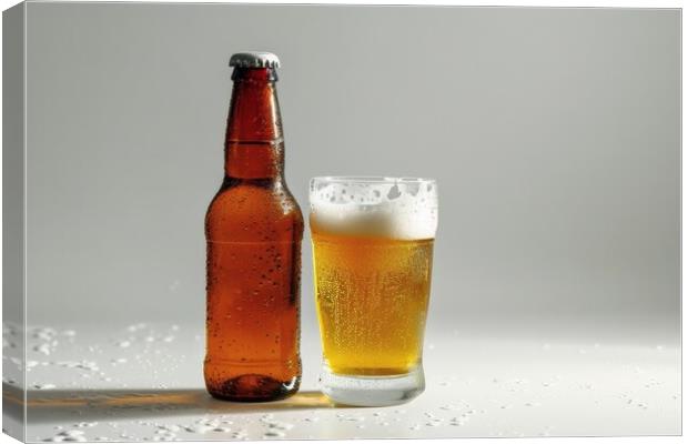 A bottle of beer and a filled glass on a white background. Canvas Print by Michael Piepgras