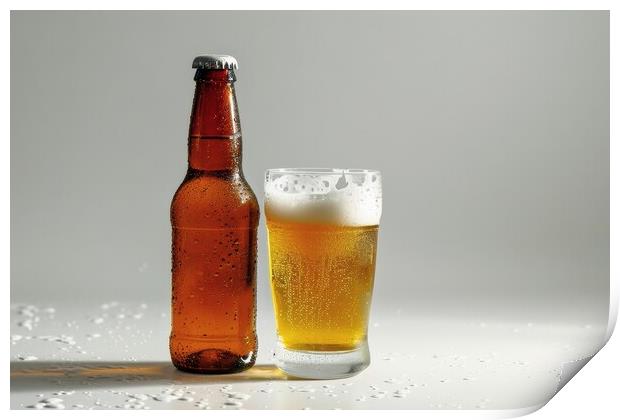 A bottle of beer and a filled glass on a white background. Print by Michael Piepgras