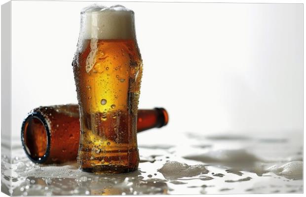 A bottle of beer and a filled glass on a white background. Canvas Print by Michael Piepgras