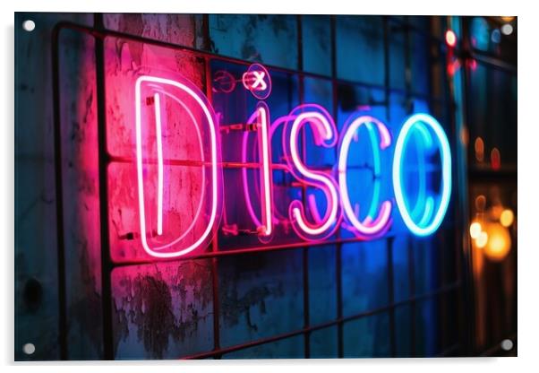 A colorful neon sign showing the word Disco on a wall of a club. Acrylic by Michael Piepgras