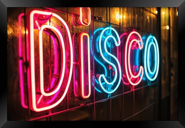 A colorful neon sign showing the word Disco on a wall of a club. Framed Print by Michael Piepgras