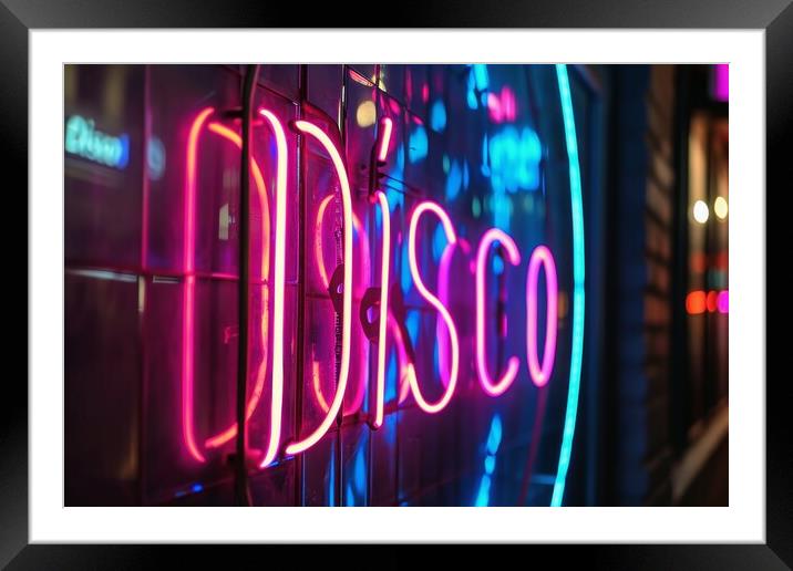 A colorful neon sign showing the word Disco on a wall of a club. Framed Mounted Print by Michael Piepgras