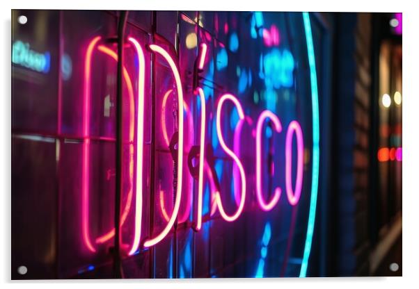 A colorful neon sign showing the word Disco on a wall of a club. Acrylic by Michael Piepgras