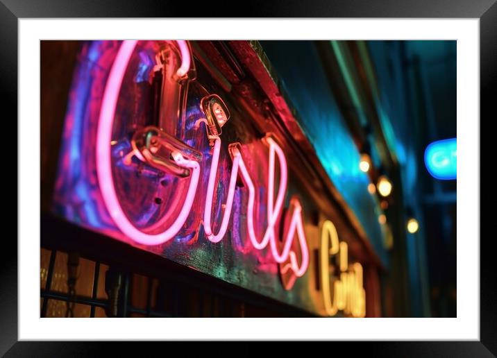 A colorful neon sign showing the word Girls on the wall of a clu Framed Mounted Print by Michael Piepgras