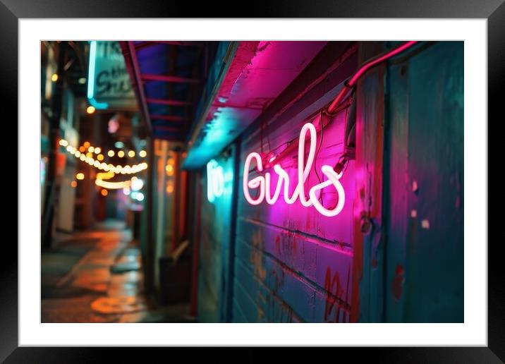 A colorful neon sign showing the word Girls on the wall of a clu Framed Mounted Print by Michael Piepgras