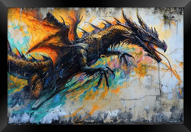 A dragon painting on an old wall. Framed Print by Michael Piepgras