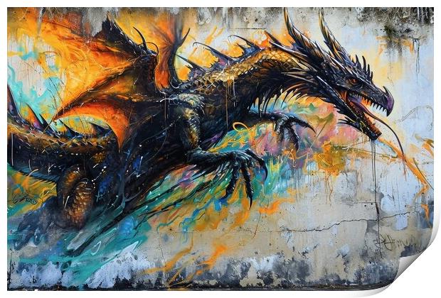 A dragon painting on an old wall. Print by Michael Piepgras