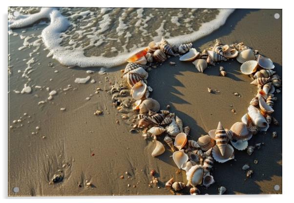 A heart shape made of shells at a beach. Acrylic by Michael Piepgras