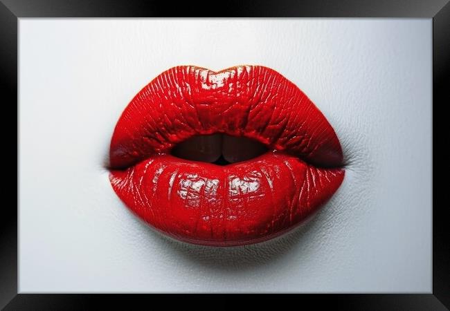 A red lipstick kissing mouth isolated on a white background. Framed Print by Michael Piepgras