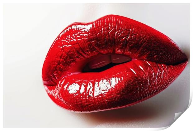 A red lipstick kissing mouth isolated on a white background. Print by Michael Piepgras