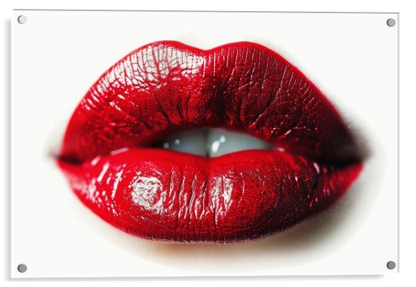 A red lipstick kissing mouth isolated on a white background. Acrylic by Michael Piepgras