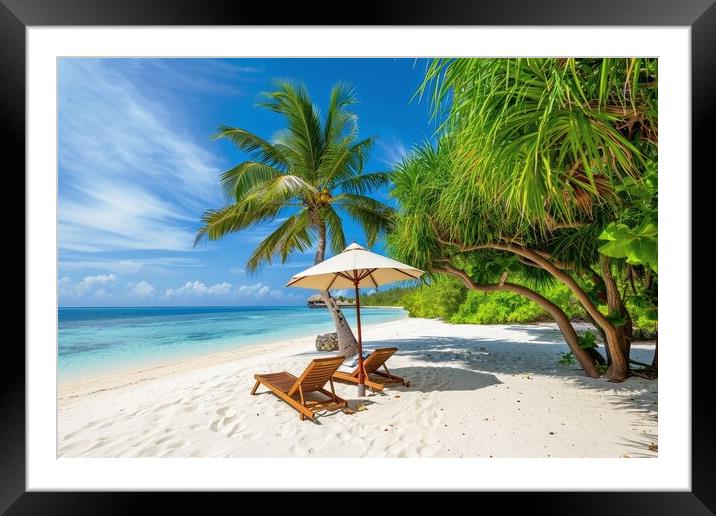 A deck chair and parasol on a secluded dream beach with palm tre Framed Mounted Print by Michael Piepgras