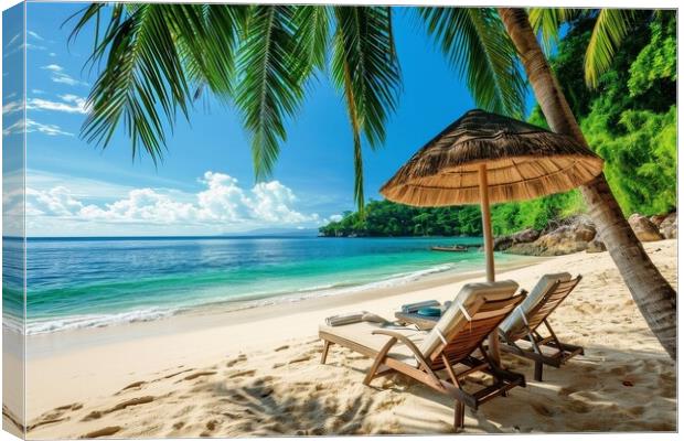 A deck chair and parasol on a secluded dream beach with palm tre Canvas Print by Michael Piepgras