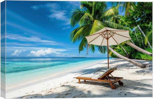 A deck chair and parasol on a secluded dream beach with palm tre Canvas Print by Michael Piepgras