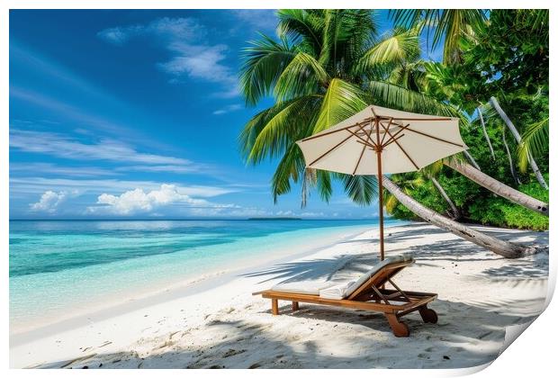 A deck chair and parasol on a secluded dream beach with palm tre Print by Michael Piepgras