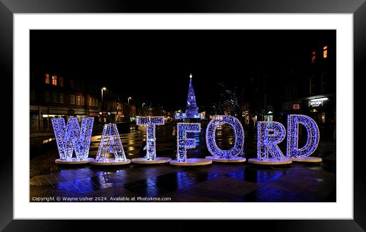 Watford Town Sign Lights at Christmas Framed Mounted Print by Wayne Usher