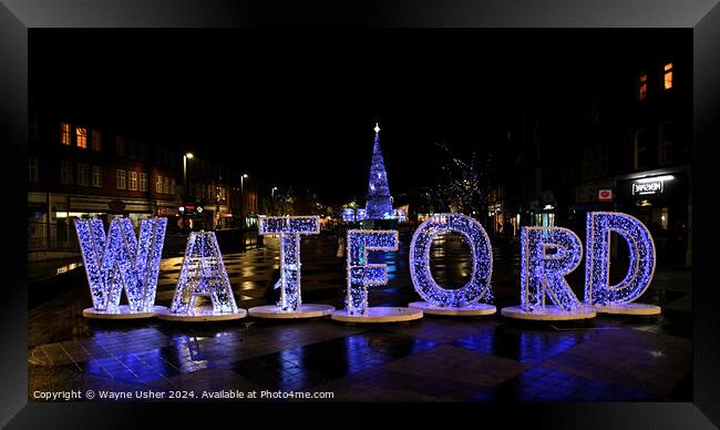 Watford Town Sign Lights at Christmas Framed Print by Wayne Usher