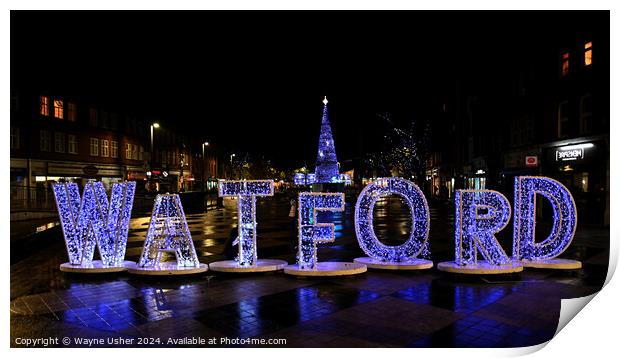 Watford Town Sign Lights at Christmas Print by Wayne Usher