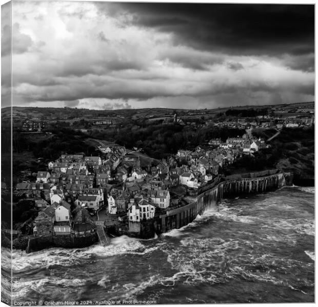 Robin Hoods Bay evening moody sky monochrome Canvas Print by Graham Moore