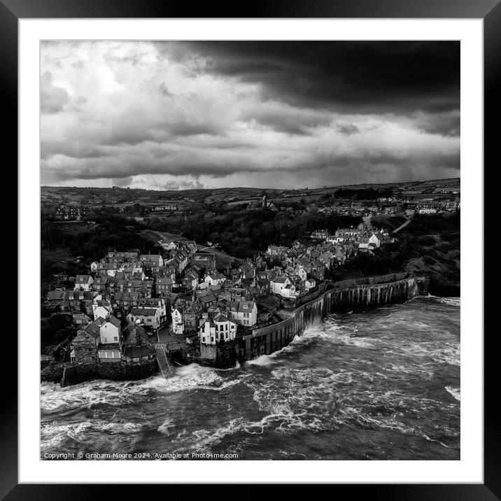 Robin Hoods Bay evening moody sky monochrome Framed Mounted Print by Graham Moore