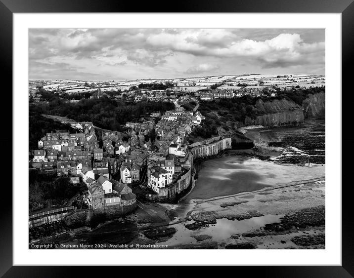Robin Hoods Bay in snow monochrome Framed Mounted Print by Graham Moore