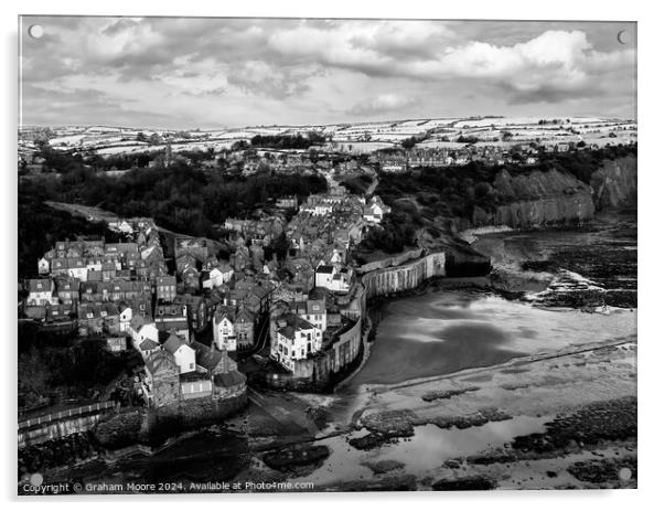 Robin Hoods Bay in snow monochrome Acrylic by Graham Moore