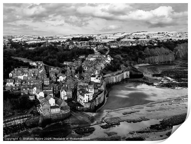 Robin Hoods Bay in snow monochrome Print by Graham Moore
