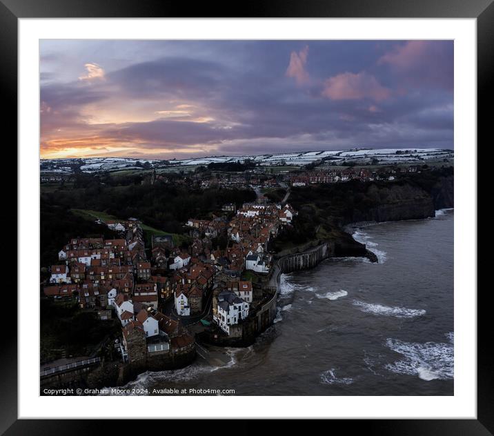 Robin Hoods Bay in snow sunset tide in Framed Mounted Print by Graham Moore