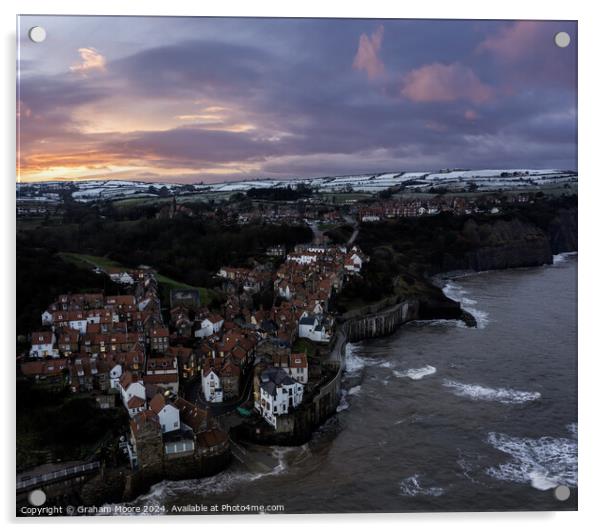 Robin Hoods Bay in snow sunset tide in Acrylic by Graham Moore
