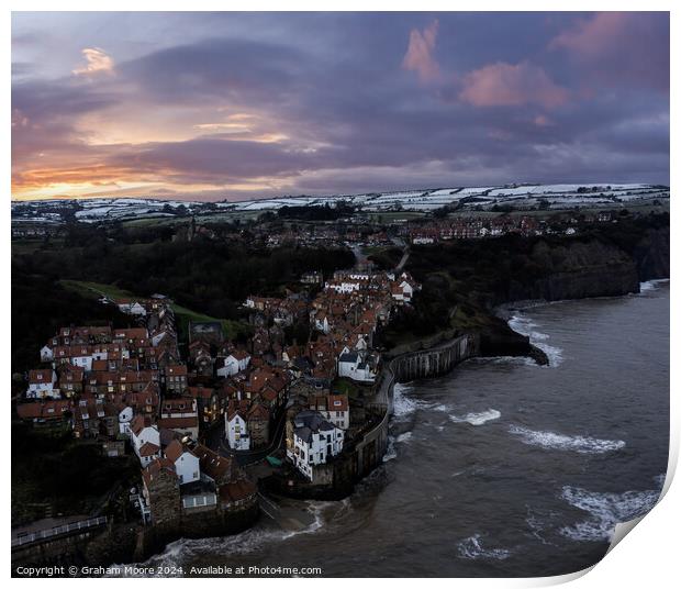 Robin Hoods Bay in snow sunset tide in Print by Graham Moore