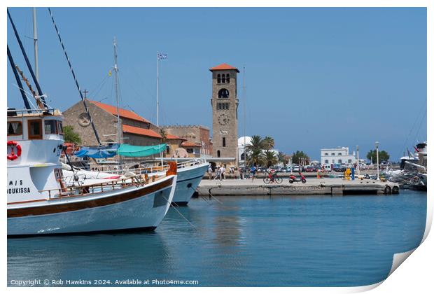 Rhodes Harbour Clock Tower Print by Rob Hawkins