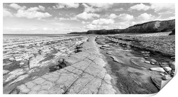 Kilve Beach in monochrome.  Print by Mark Godden