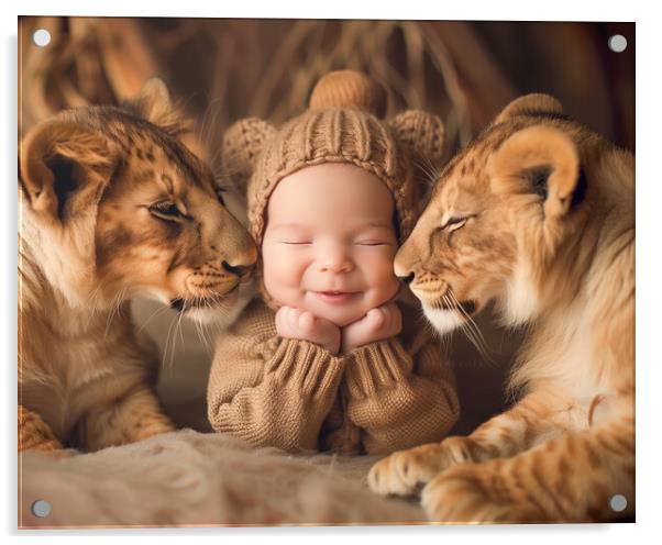 Smiling Baby surrounded by two Lions Acrylic by T2 