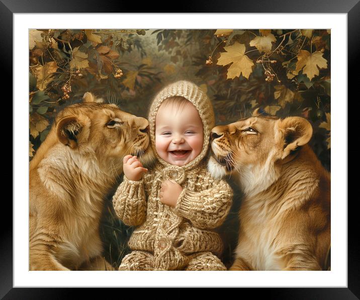 Smiling Baby surrounded by two Lions Framed Mounted Print by T2 