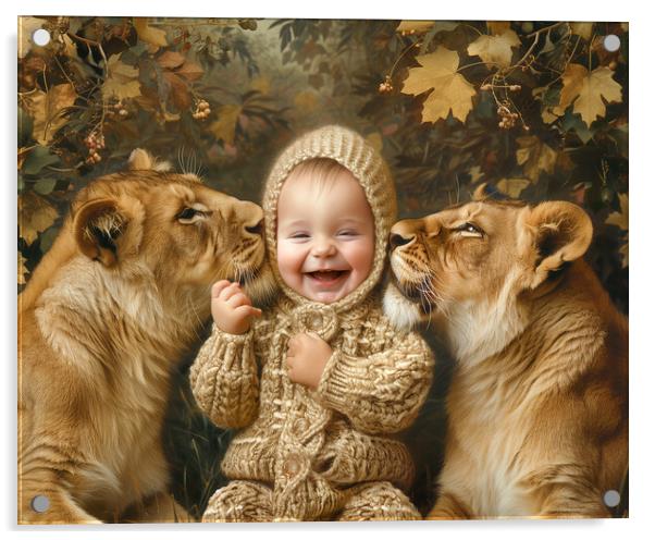 Smiling Baby surrounded by two Lions Acrylic by T2 