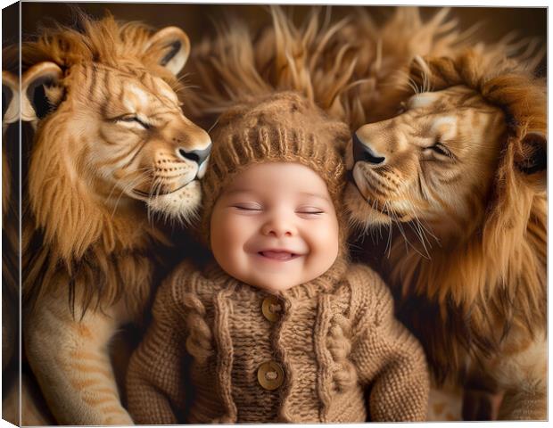 Smiling Baby surrounded by two Lions Canvas Print by T2 