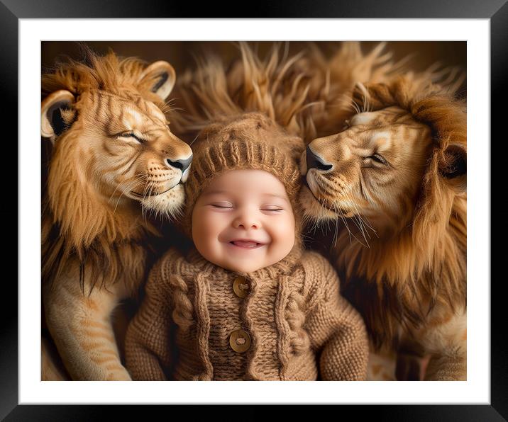 Smiling Baby surrounded by two Lions Framed Mounted Print by T2 