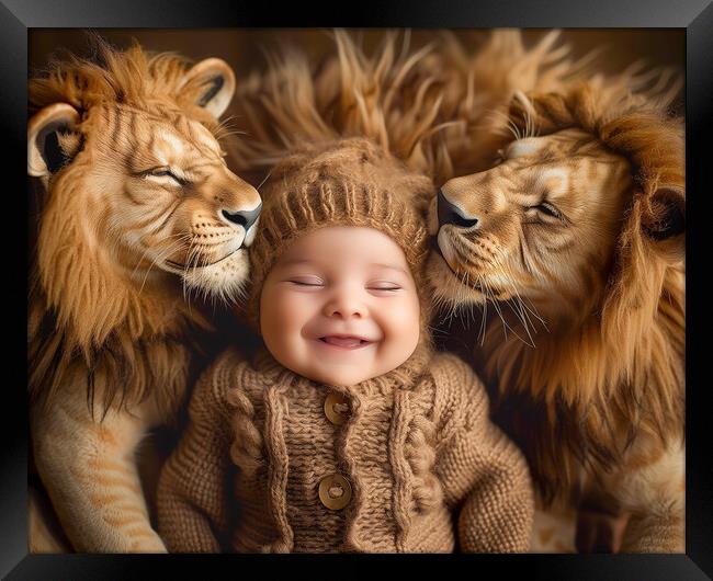 Smiling Baby surrounded by two Lions Framed Print by T2 