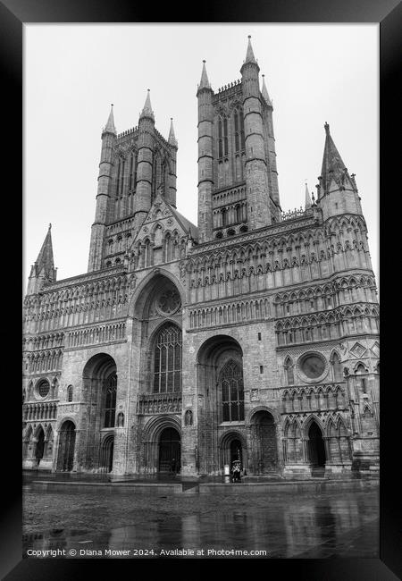 Lincoln Cathedral Rainy Day Mono Framed Print by Diana Mower